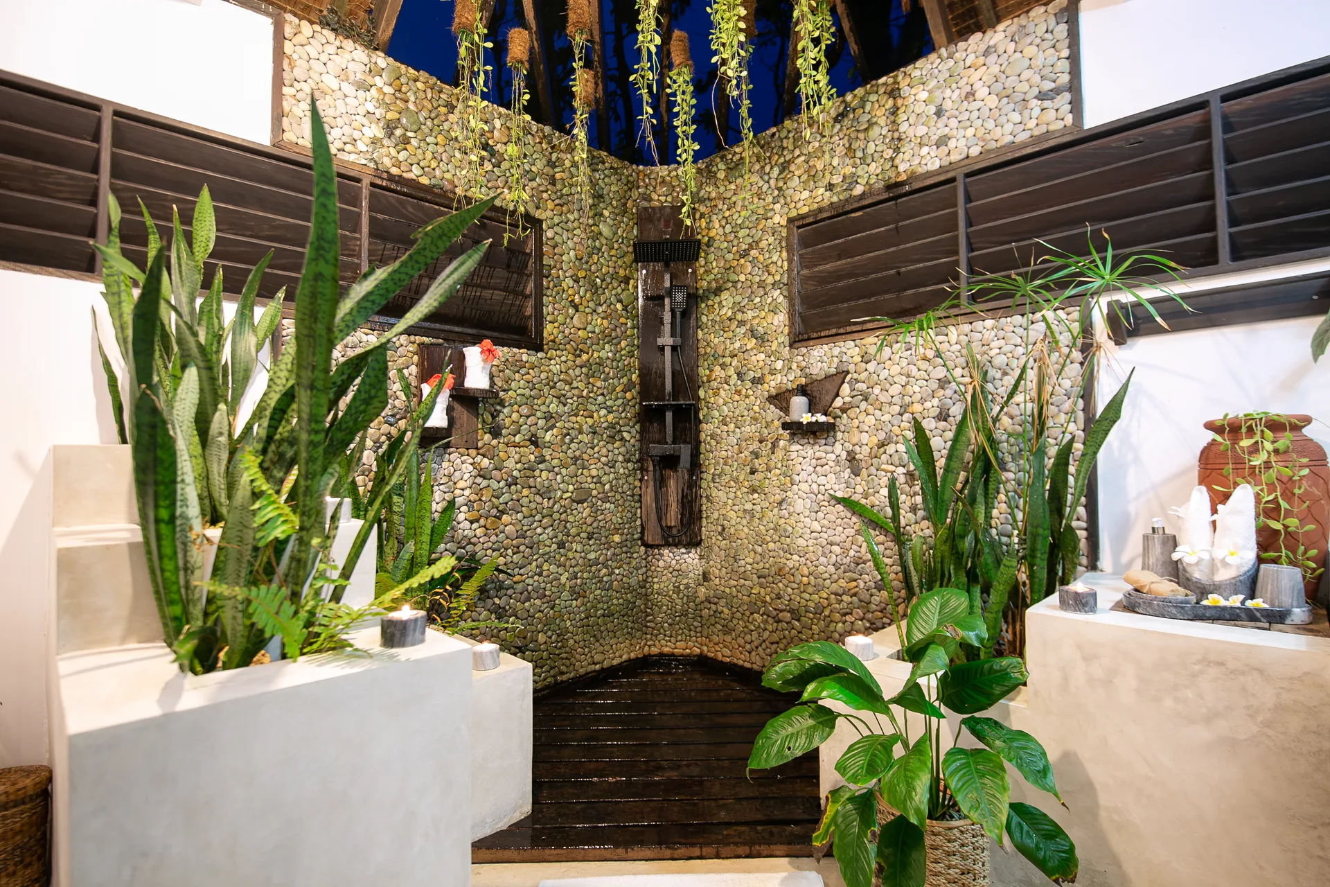 Symmetrical open-sky bathroom shower under the Siargao sky — Kawayan Villa private villa bathroom